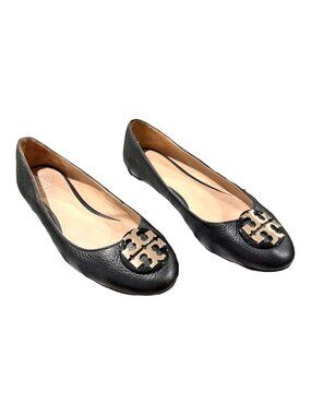 TORY BURCH Claire Ballet Flats Black Leather  Gold Logo Size 8 Shoes